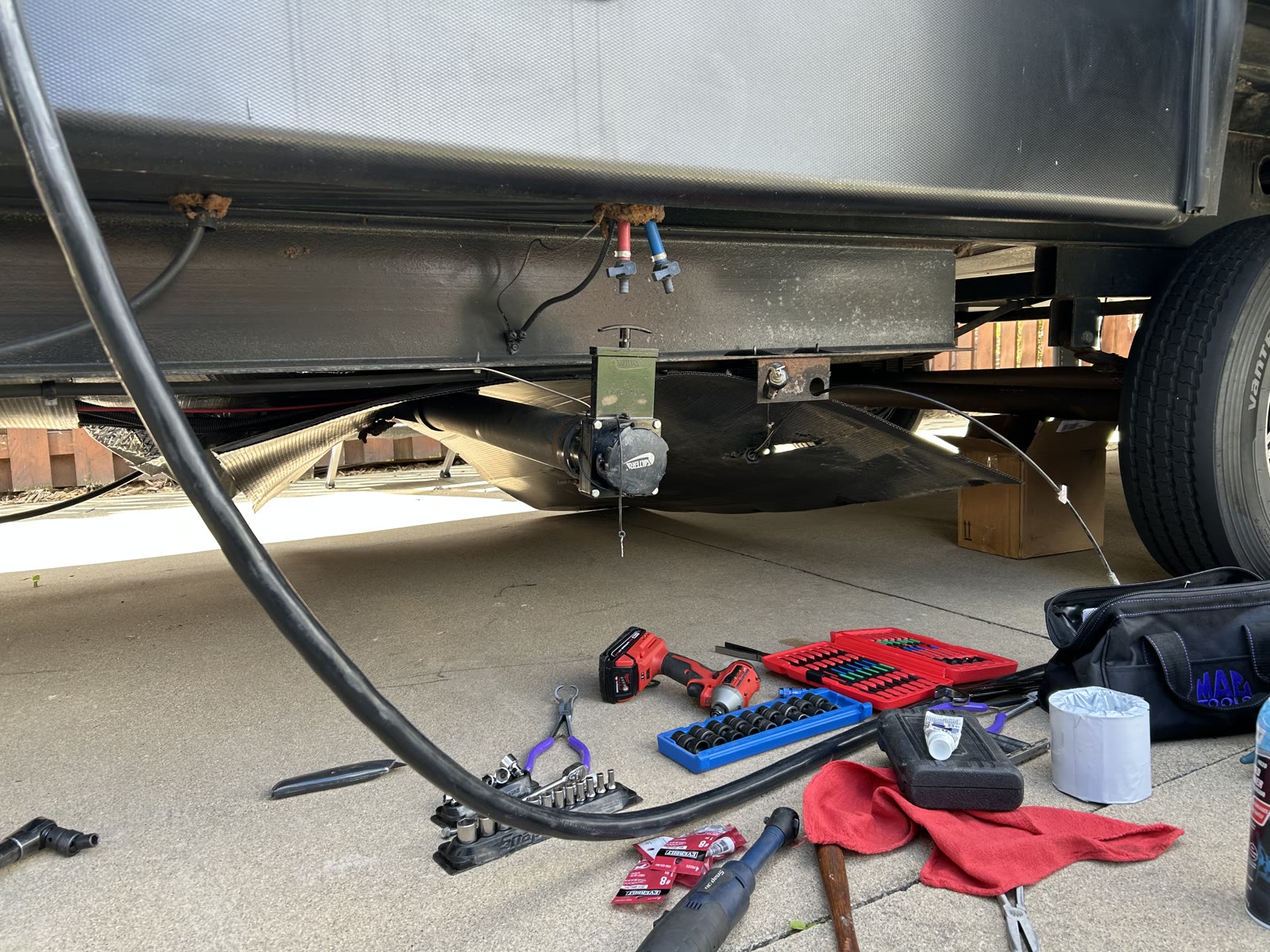 RV wet bay Valterra valve and PEX plumbing repair during a mobile service call